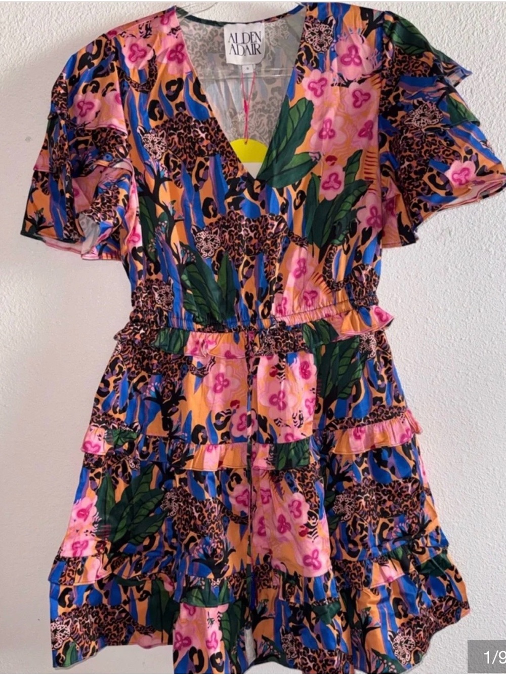 Alden Adair Women’s NWT Dress Sz Animal Print Ruffle Shirt Sleeve Pink Black